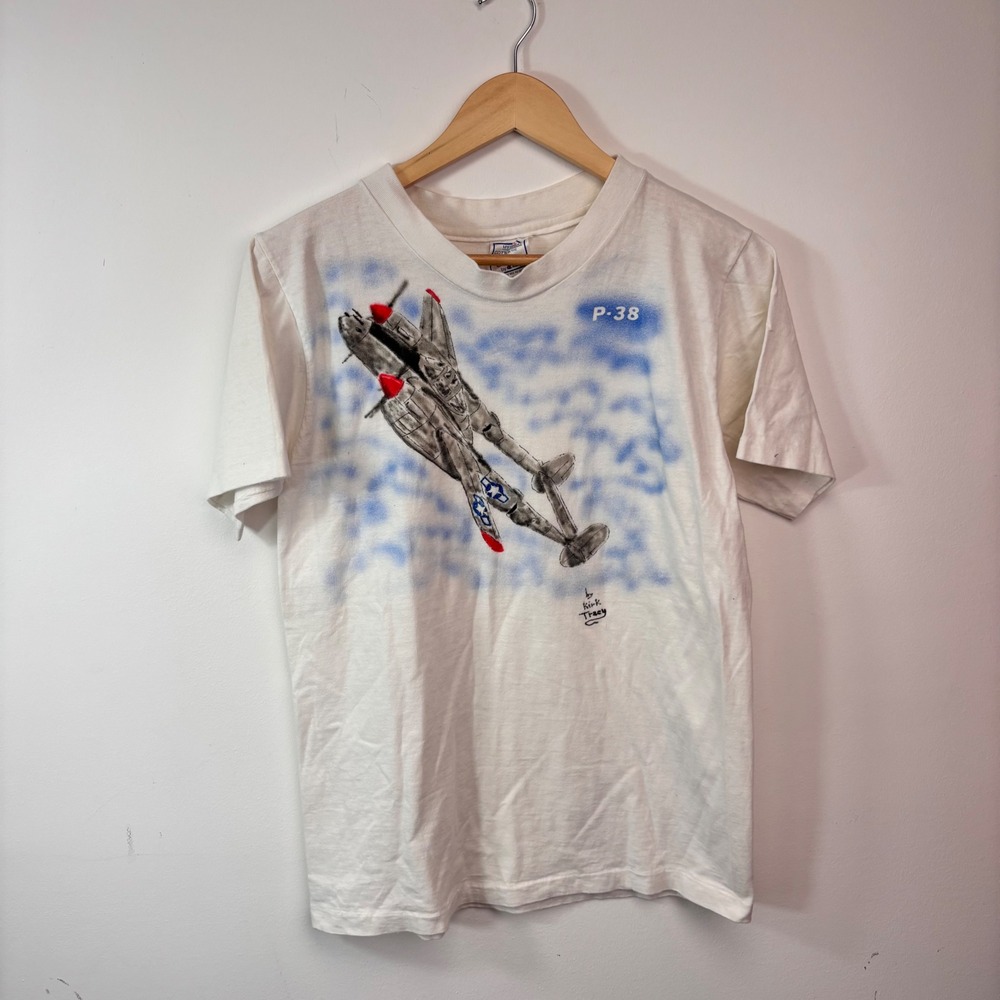 Vintage Late 1980s P-38 Lightning Airplane Art T Shirt Champion USA Made Large